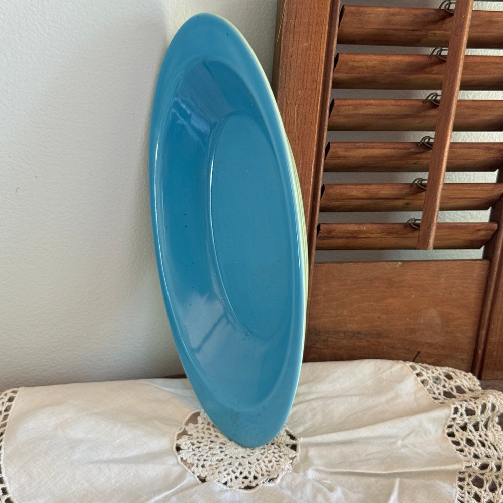 Trisa Blue and Green Two Tone Ribbed Ceramic Oval Serving Platter 9.5" MCM